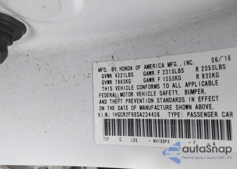 2016 Honda Accord Ex-L z USA, uszkodzony, nr VIN 1HGCR2F99GA234406